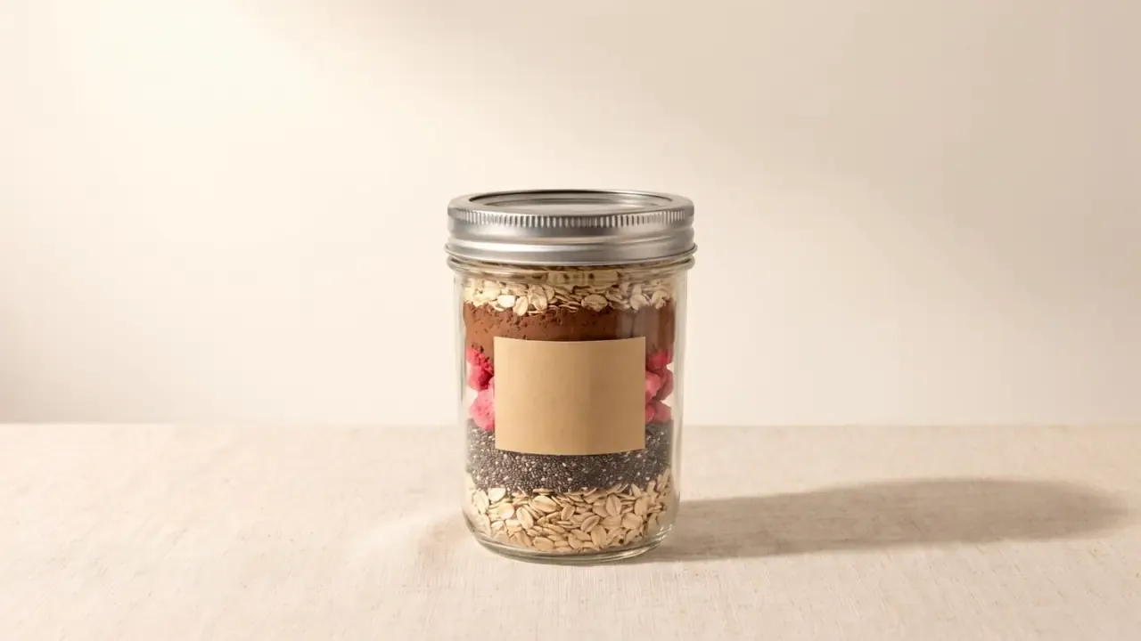 A mason jar layered with oats, chia, strawberries and cocoa, with a kraft label and a metal lid